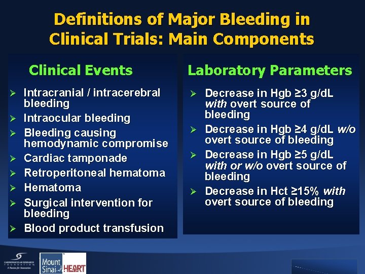 Definitions of Major Bleeding in Clinical Trials: Main Components Clinical Events Ø Ø Ø