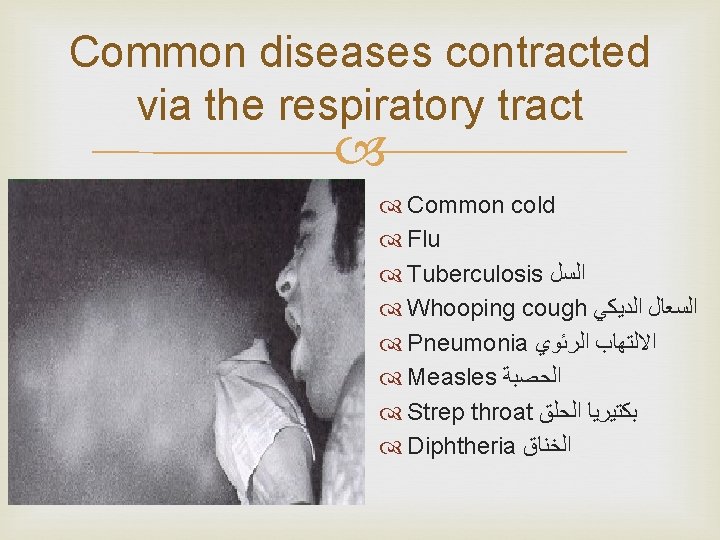 Common diseases contracted via the respiratory tract Common cold Flu Tuberculosis ﺍﻟﺴﻞ Whooping cough