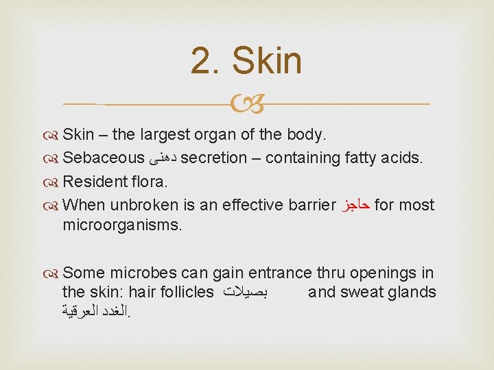 2. Skin – the largest organ of the body. Sebaceous ﺩﻫﻨﻰ secretion – containing