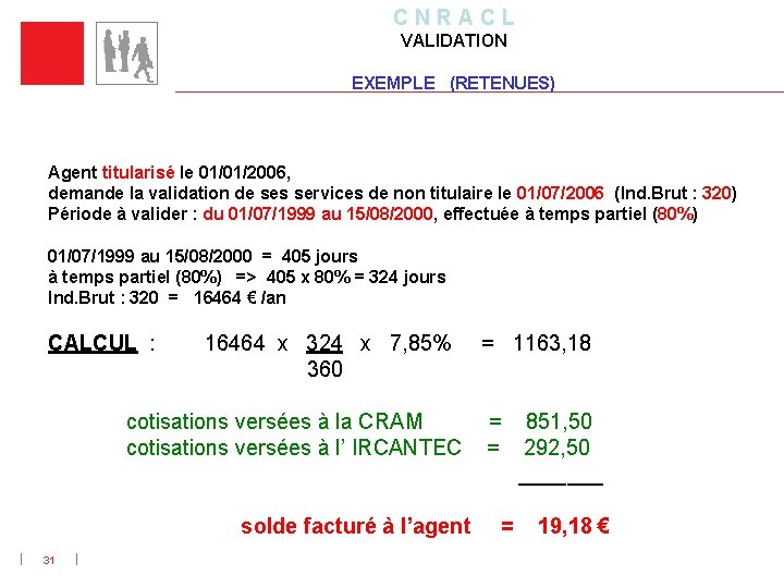 C N R A C L VALIDATION EXEMPLE (RETENUES) Agent titularisé le 01/01/2006, demande