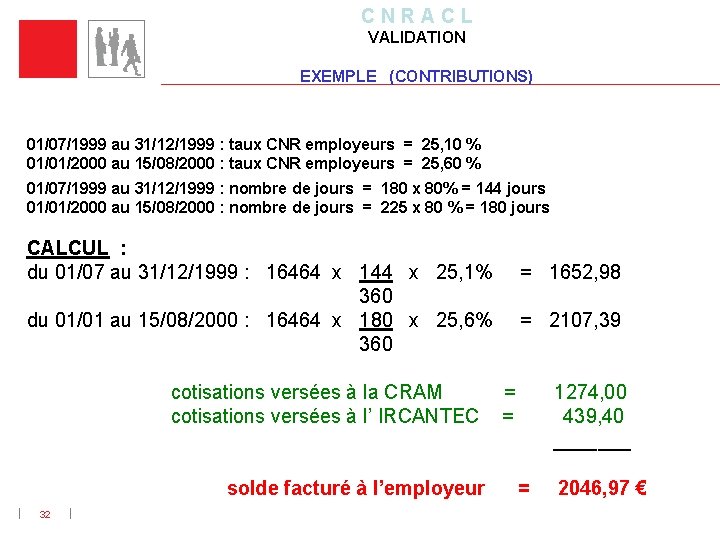 C N R A C L VALIDATION EXEMPLE (CONTRIBUTIONS) 01/07/1999 au 31/12/1999 : taux
