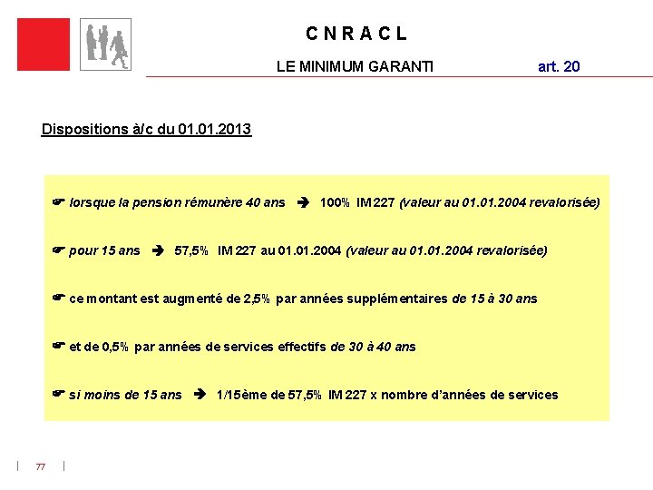 C N R A C L LE MINIMUM GARANTI art. 20 Dispositions à/c du