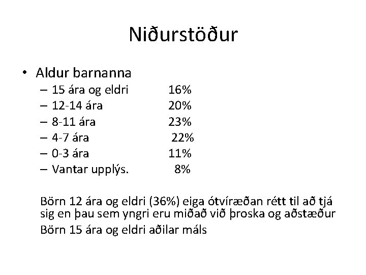 Niðurstöður • Aldur barnanna – 15 ára og eldri – 12 -14 ára –