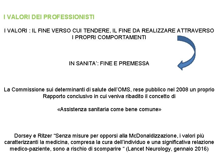 I VALORI DEI PROFESSIONISTI I VALORI : IL FINE VERSO CUI TENDERE, IL FINE