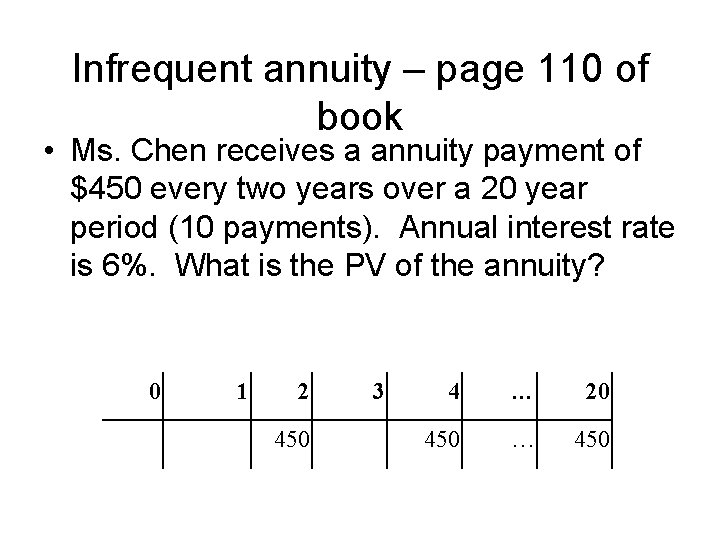 Infrequent annuity – page 110 of book • Ms. Chen receives a annuity payment