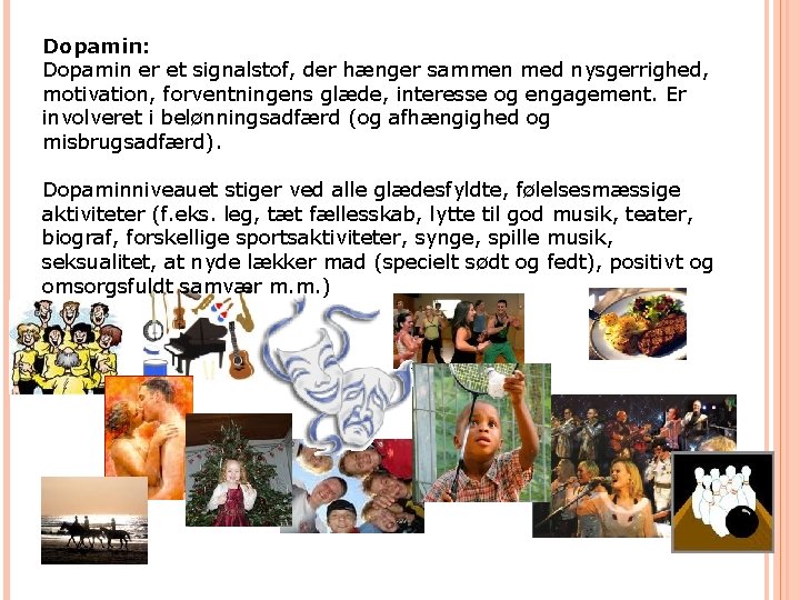 Dopamin: Dopamin er et signalstof, der hænger sammen med nysgerrighed, motivation, forventningens glæde, interesse