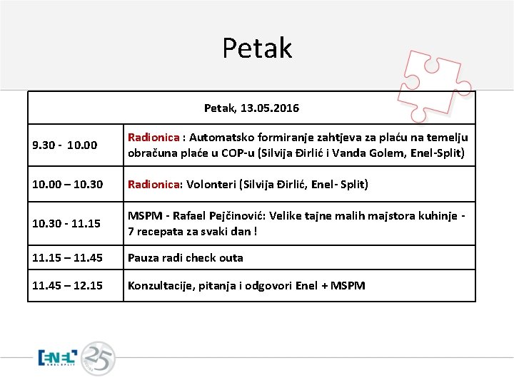 Petak, 13. 05. 2016 9. 30 - 10. 00 Radionica : Automatsko formiranje zahtjeva