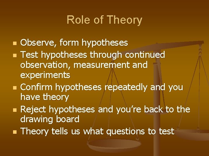 Role of Theory n n n Observe, form hypotheses Test hypotheses through continued observation,