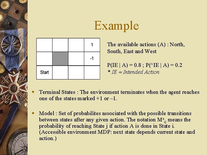 Example The available actions (A) : North, South, East and West P(IE | A)