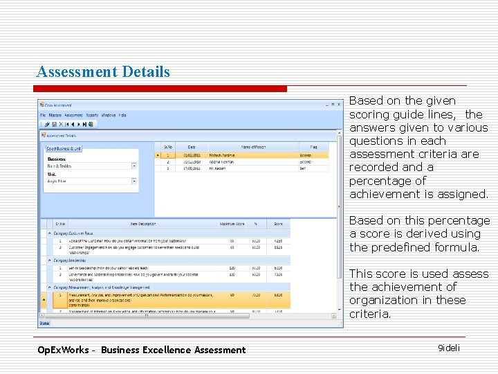 Assessment Details Based on the given. scoring guide lines, the answers given to various