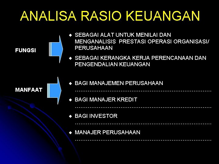 ANALISA RASIO KEUANGAN FUNGSI ¨ SEBAGAI ALAT UNTUK MENILAI DAN MENGANALISIS PRESTASI OPERASI ORGANISASI/