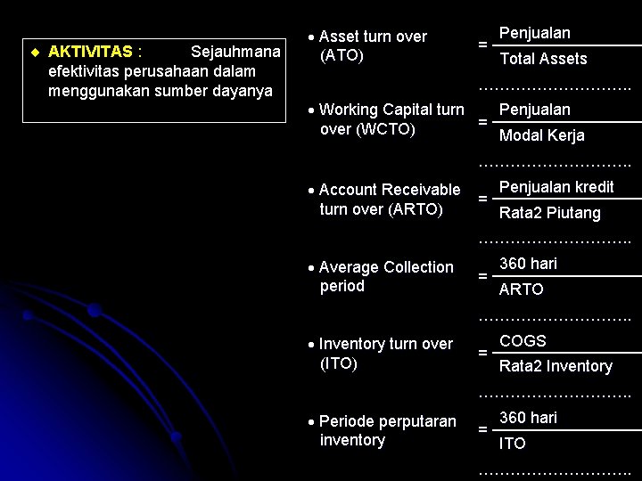 ¨ AKTIVITAS : Sejauhmana efektivitas perusahaan dalam menggunakan sumber dayanya Asset turn over (ATO)