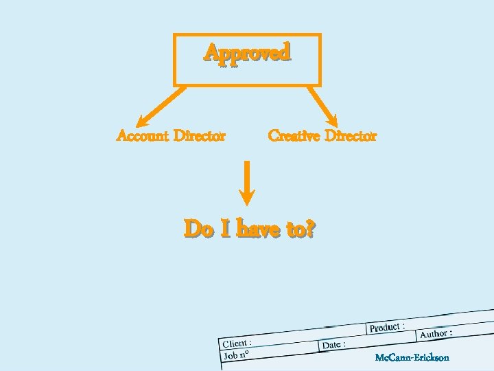 Approved Account Director Creative Director Do I have to? Mc. Cann-Erickson 