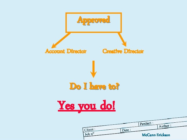 Approved Account Director Creative Director Do I have to? Yes you do! Mc. Cann-Erickson