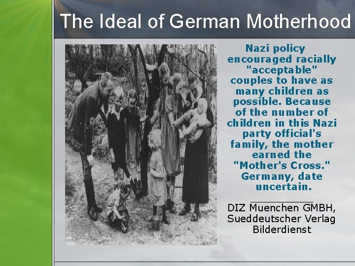 The Ideal of German Motherhood Nazi policy encouraged racially "acceptable" couples to have as