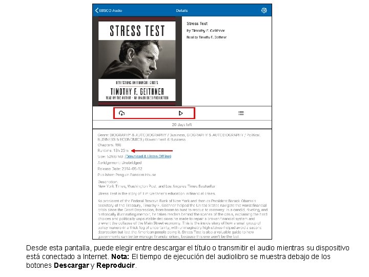 Desde esta pantalla, puede elegir entre descargar el título o transmitir el audio mientras