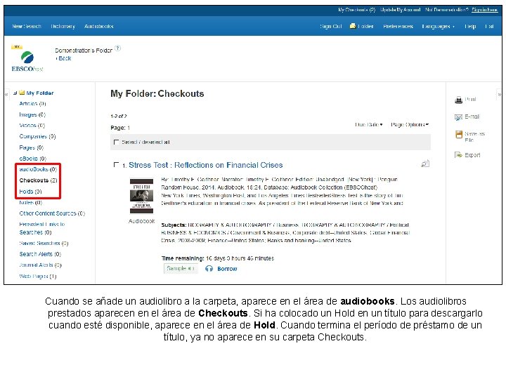 Cuando se añade un audiolibro a la carpeta, aparece en el área de audiobooks.