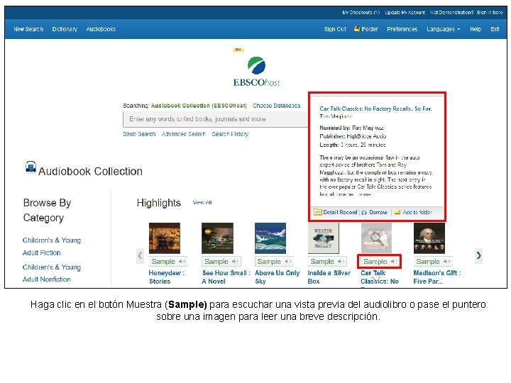Haga clic en el botón Muestra (Sample) para escuchar una vista previa del audiolibro