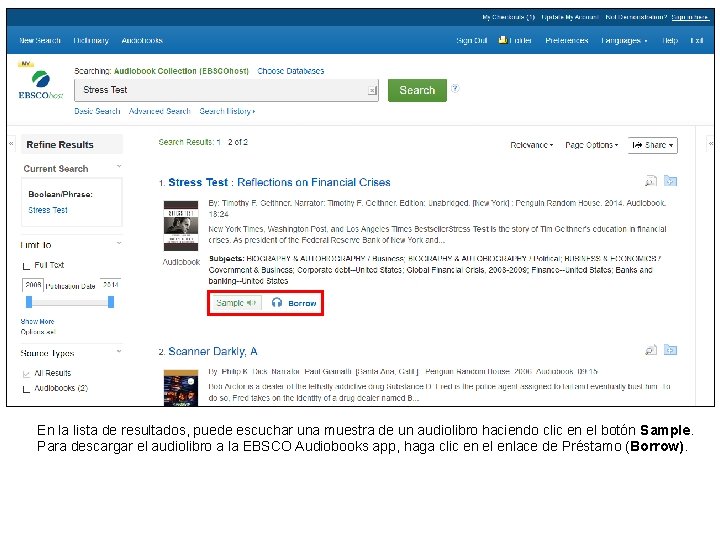 En la lista de resultados, puede escuchar una muestra de un audiolibro haciendo clic