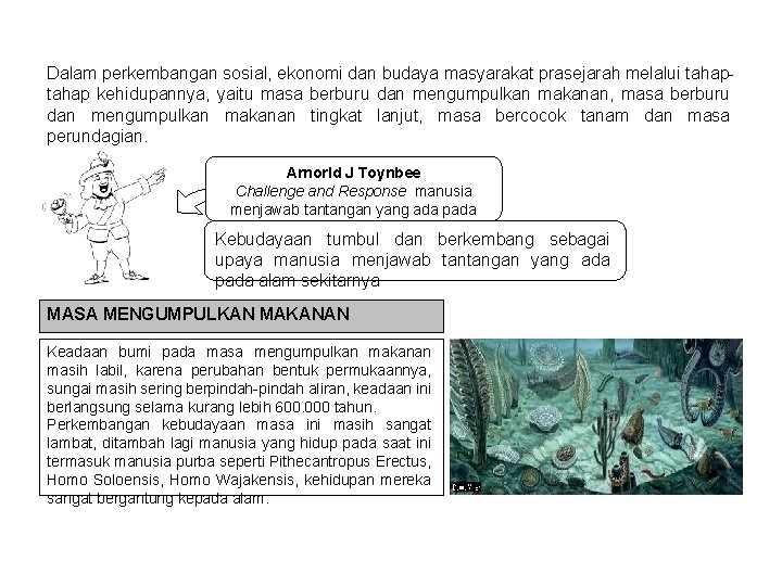 Dalam perkembangan sosial, ekonomi dan budaya masyarakat prasejarah melalui tahap kehidupannya, yaitu masa berburu