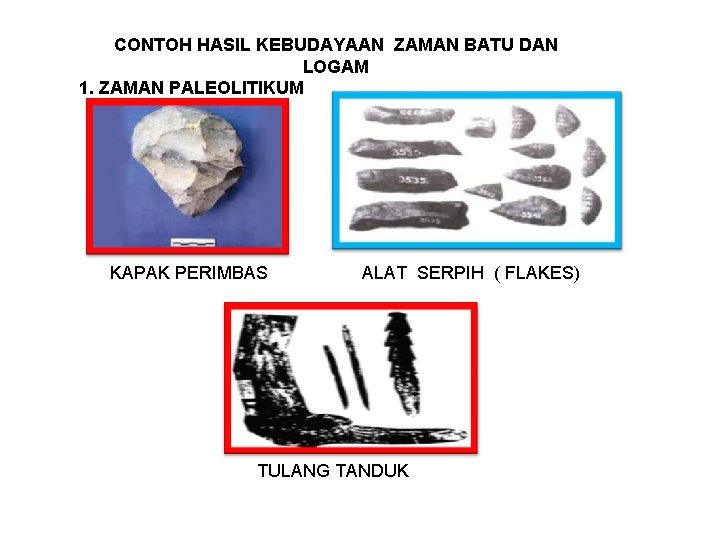 CONTOH HASIL KEBUDAYAAN ZAMAN BATU DAN LOGAM 1. ZAMAN PALEOLITIKUM KAPAK PERIMBAS ALAT SERPIH