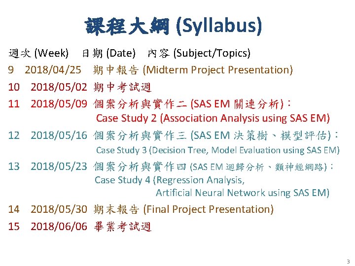 課程大綱 (Syllabus) 週次 (Week) 日期 (Date) 內容 (Subject/Topics) 9 2018/04/25 期中報告 (Midterm Project Presentation)