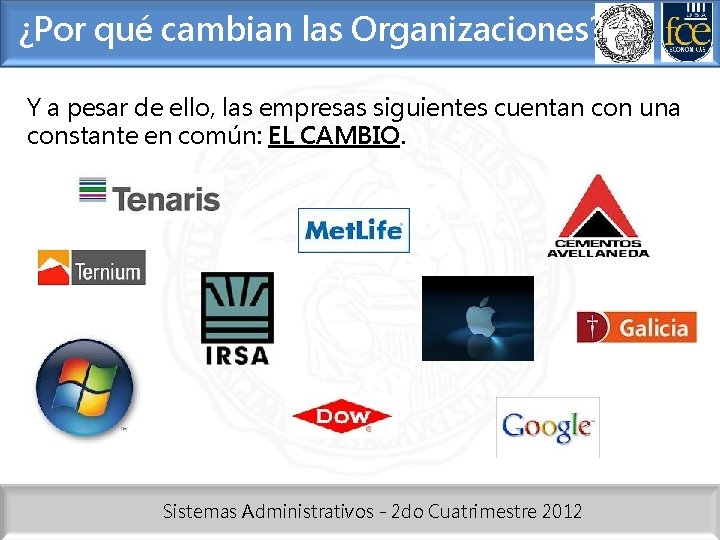 ¿Por qué cambian las Organizaciones? Y a pesar de ello, las empresas siguientes cuentan