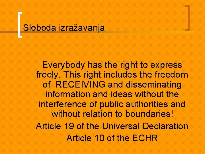 Sloboda izražavanja Everybody has the right to express freely. This right includes the freedom