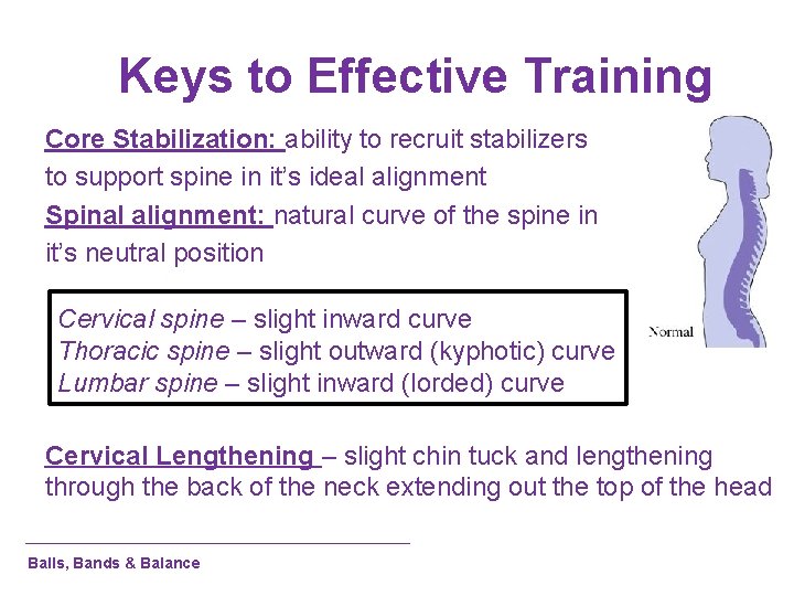 Keys to Effective Training Core Stabilization: ability to recruit stabilizers to support spine in