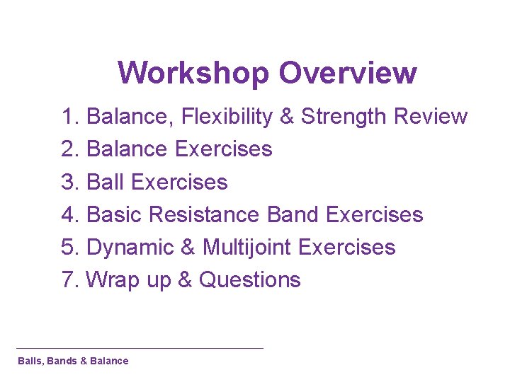 Workshop Overview 1. Balance, Flexibility & Strength Review 2. Balance Exercises 3. Ball Exercises