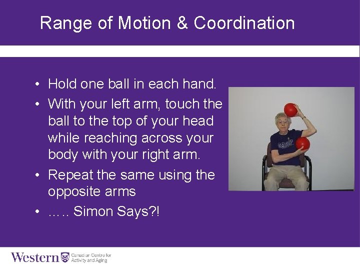 Range of Motion & Coordination • Hold one ball in each hand. • With