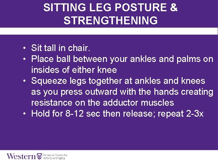 SITTING LEG POSTURE & STRENGTHENING • Sit tall in chair. • Place ball between