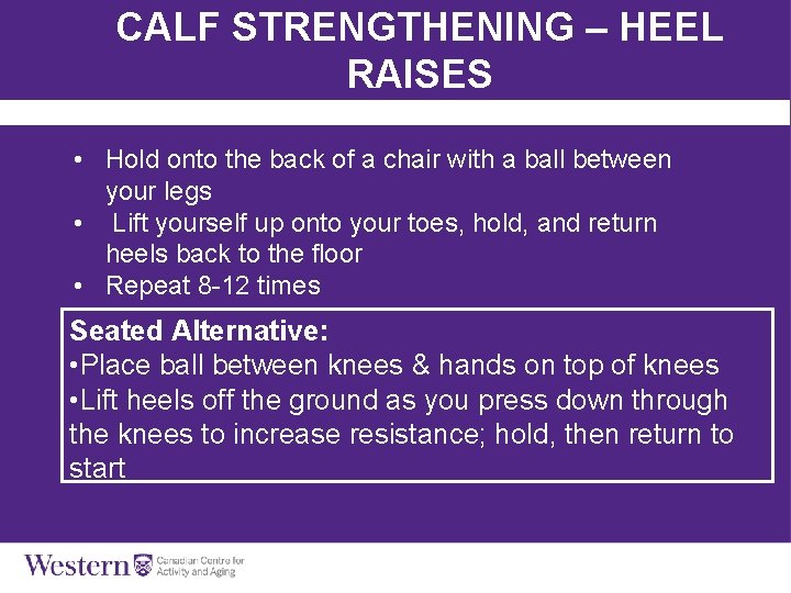 CALF STRENGTHENING – HEEL RAISES • Hold onto the back of a chair with
