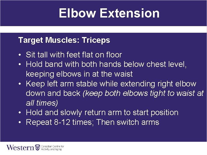 Elbow Extension Target Muscles: Triceps • Sit tall with feet flat on floor •