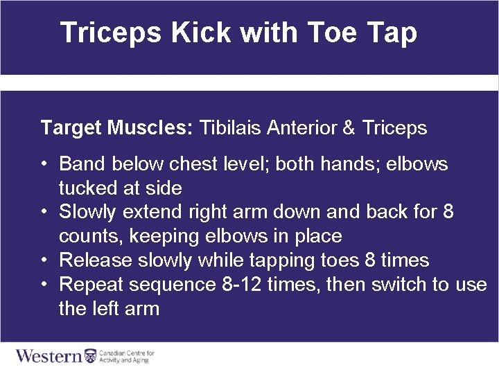 Triceps Kick with Toe Tap Target Muscles: Tibilais Anterior & Triceps • Band below