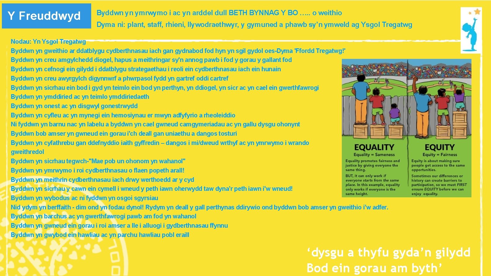 Y Freuddwyd Byddwn yn ymrwymo i ac yn arddel dull BETH BYNNAG Y BO