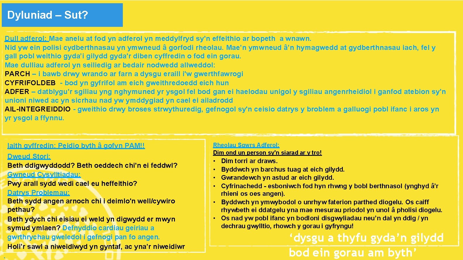 Dyluniad – Sut? Dull adferol: Mae anelu at fod yn adferol yn meddylfryd sy'n
