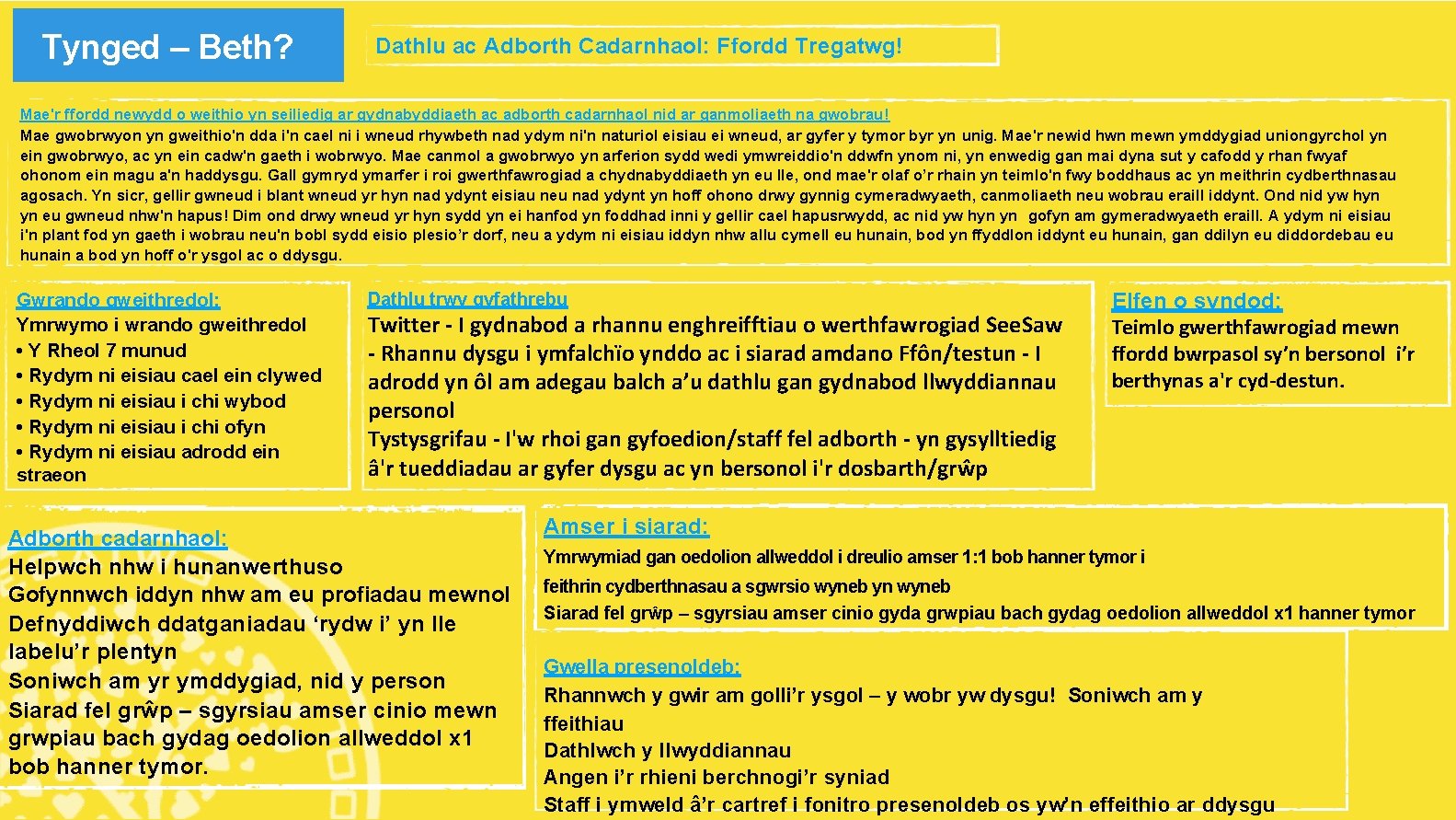 Tynged – Beth? Dathlu ac Adborth Cadarnhaol: Ffordd Tregatwg! Mae'r ffordd newydd o weithio