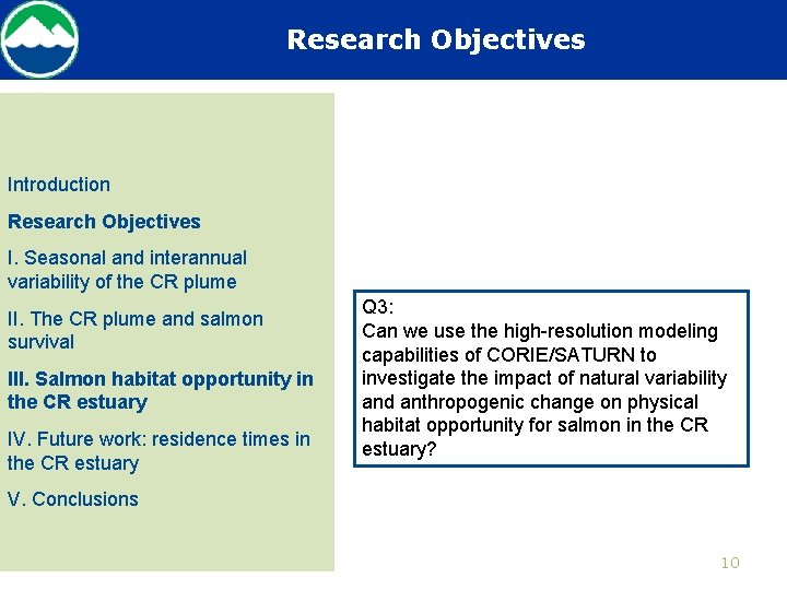 Research Objectives Introduction Research Objectives I. Seasonal and interannual variability of the CR plume