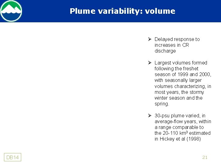 Plume variability: volume Ø Delayed response to increases in CR discharge Ø Largest volumes