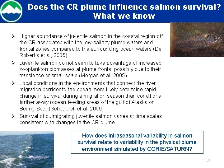Does the CR plume influence salmon survival? What we know Ø Higher abundance of