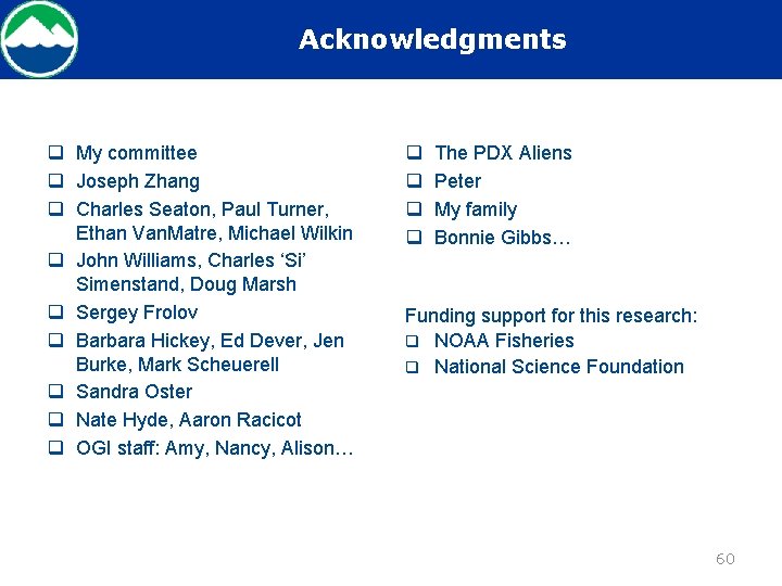 Acknowledgments q My committee q Joseph Zhang q Charles Seaton, Paul Turner, Ethan Van.