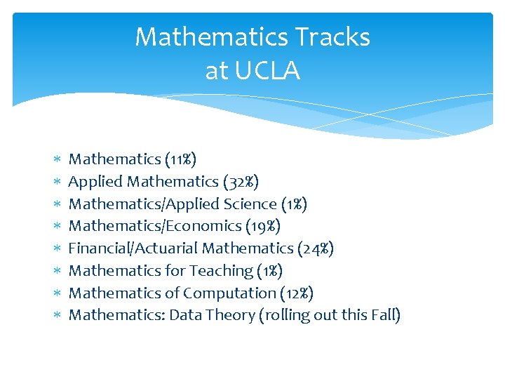 Mathematics Tracks at UCLA Mathematics (11%) Applied Mathematics (32%) Mathematics/Applied Science (1%) Mathematics/Economics (19%)