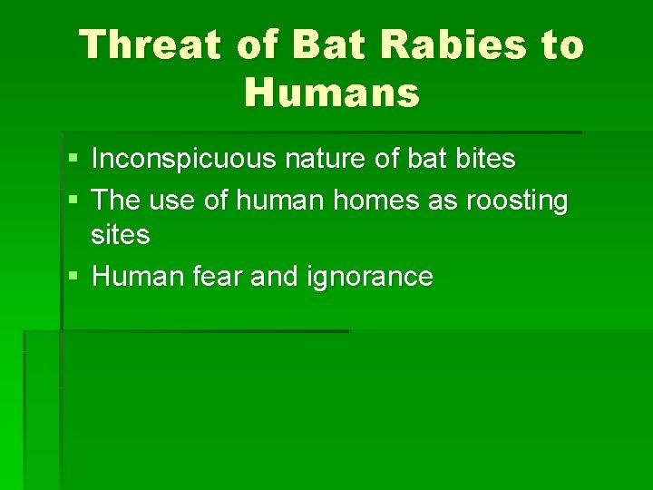 Threat of Bat Rabies to Humans § Inconspicuous nature of bat bites § The