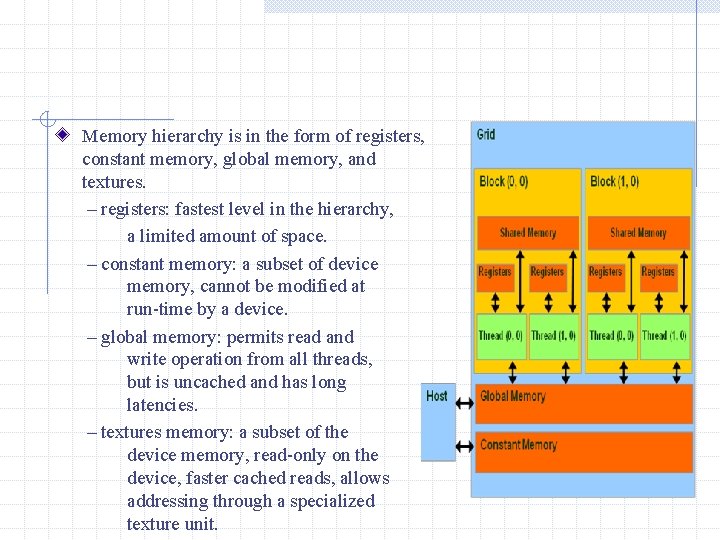 Memory hierarchy is in the form of registers, constant memory, global memory, and textures.