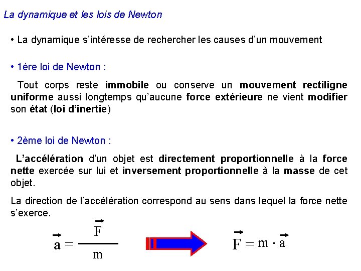 La dynamique et les lois de Newton • La dynamique s’intéresse de recher les