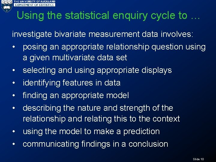 Using the statistical enquiry cycle to … investigate bivariate measurement data involves: • posing
