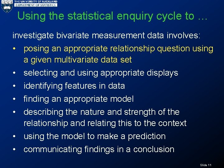 Using the statistical enquiry cycle to … investigate bivariate measurement data involves: • posing