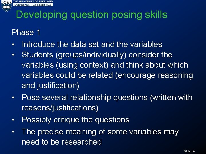 Developing question posing skills Phase 1 • Introduce the data set and the variables