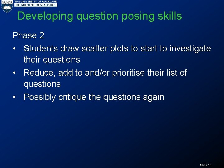 Developing question posing skills Phase 2 • Students draw scatter plots to start to